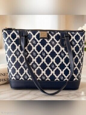 Dooney & Bourke Navy & White Monogram Saffiano Leather Tote | MSRP $368